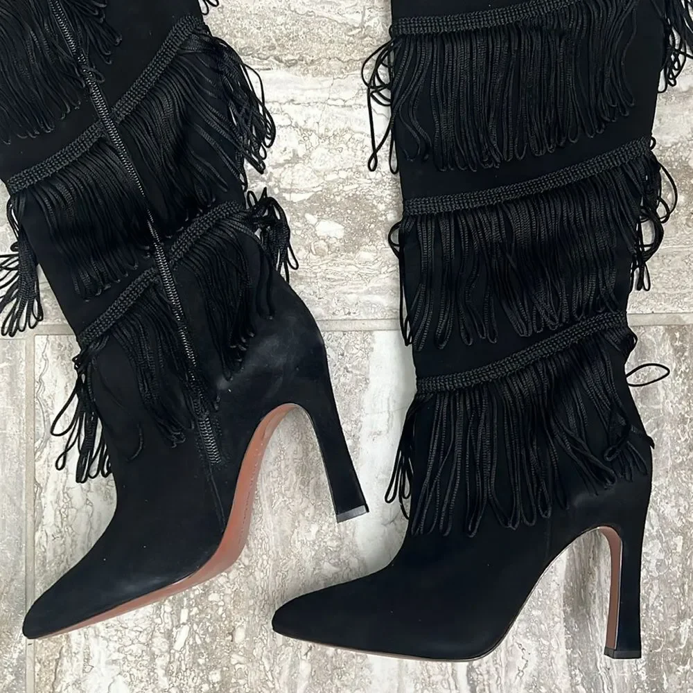 BCBGMaxazria Suede Fringe Heeled Boots, Black, New, Size 7.5